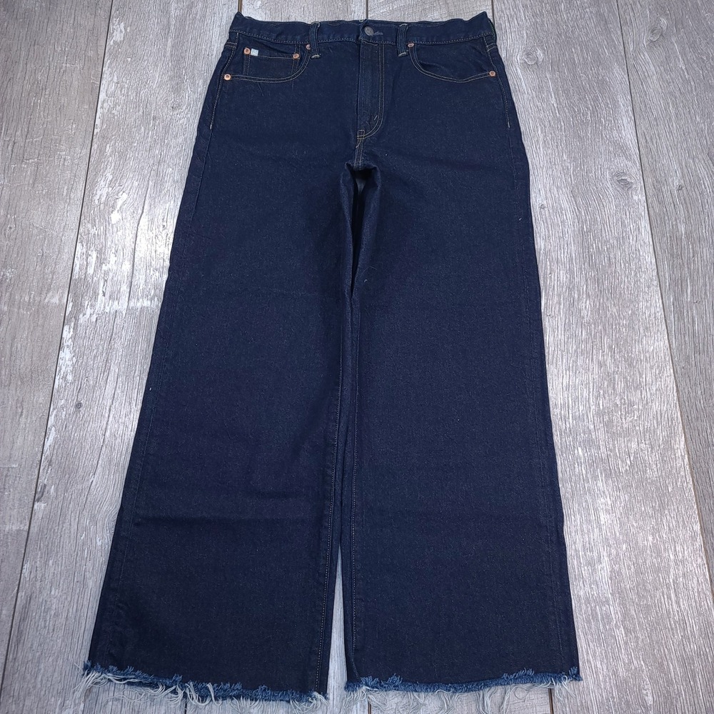 American Eagle Wide Leg Jeans Women Size 12 Dark Indigo Raw Hem High Rise